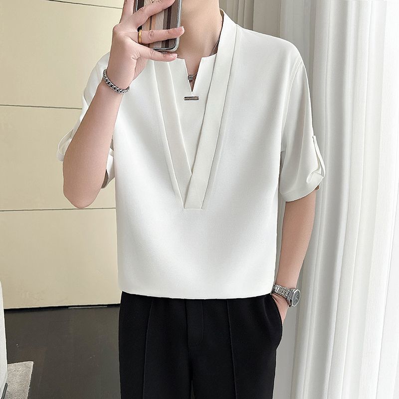Fashionable V-Neck Spliced Shirts Men's Clothing Short Sleeve All-match Summer New Casual Solid Color Korean Daily Shirts