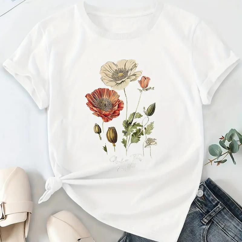 Women Summer T Shirt Retro Fashion Short Sleeve Tees Casual  Flower Printed  Tops