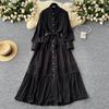 Harajuku Stand Collar Lantern Sleeve Lace Mujer Lace Up Mid-length French Style Dresses Patchwork Hollow Out Robe