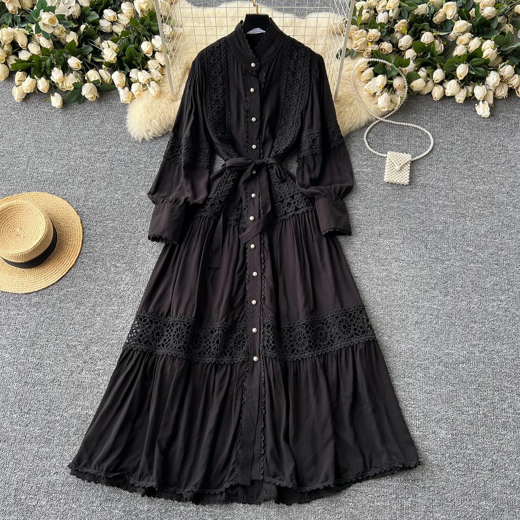 Harajuku Stand Collar Lantern Sleeve Lace Mujer Lace Up Mid-length French Style Dresses Patchwork Hollow Out Robe