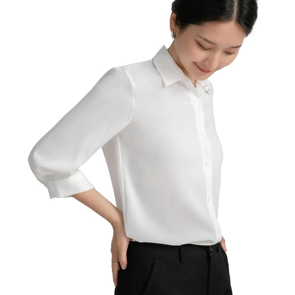 Shirt Blouse Sleeves Soft Dress Shirt Loose Fit Large Size No Iron Office Casual Fashion Commuting Everyday Highly Breathable White M [SPRING SEAON]