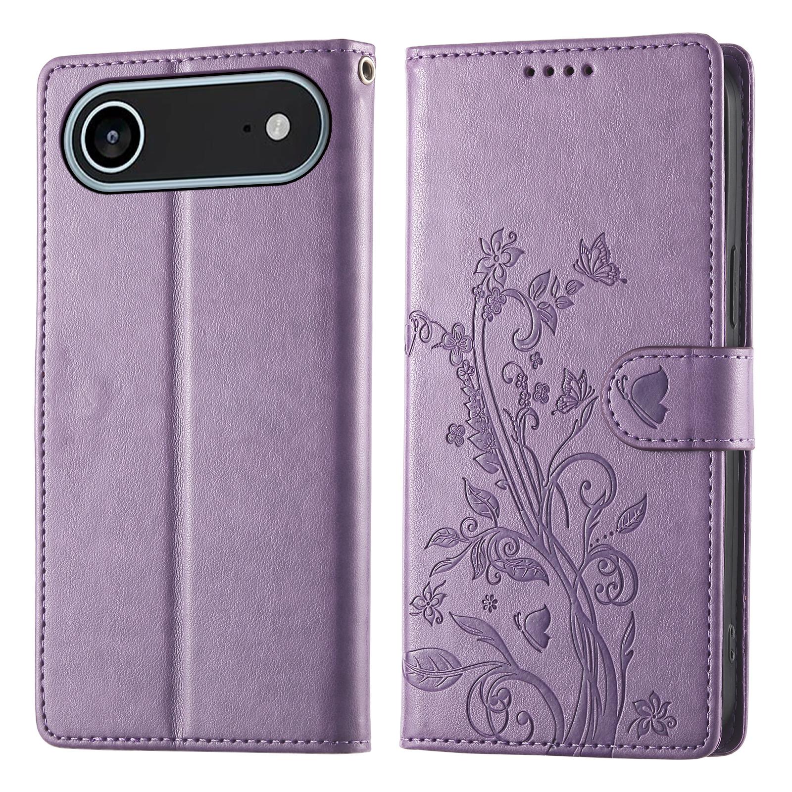 

For iPhone Air Wallet Case Butterfly Floral Imprint PU Leather Phone Cover with Wrist Strap F