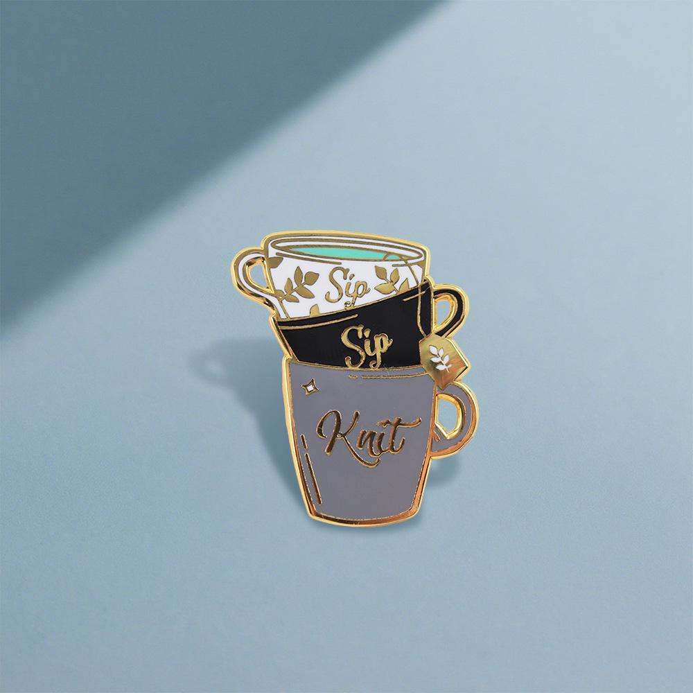 "Sip Sip Knit" Cartoon Teacup Metal Enamel Brooch - Fashion Jewelry Accessory