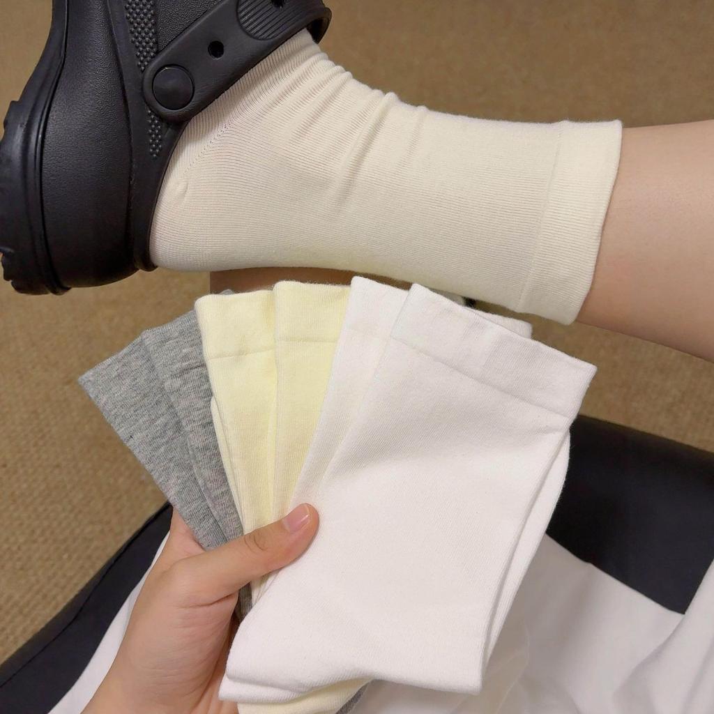 White Boneless Socks Women'S Mid-Tube Socks Ins Trendy Cotton Socks Spring And Summer Solid Color Anti-Pilling Loose Confinement Stacking Stockings