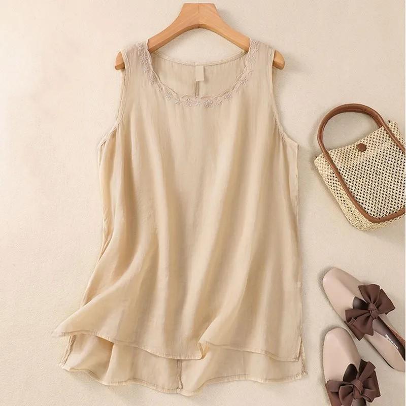 Canottiera da donna estiva a vestibilità larga, vintage, senza maniche, ricamata: Top Monocolore Leggero e Artistico con Spalline Sottili