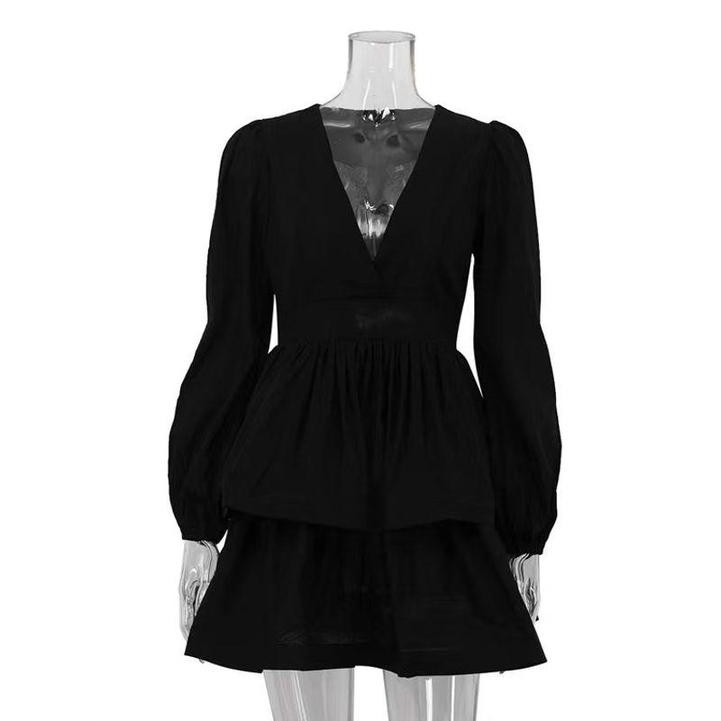 

Fashion Style Puff Sleeves A- line Dress V Neck Elegant Abdomen-Control Black Pettiskirt Sexy V-neck Dress Black S
