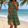 Women's Casual Short Sleeve Dress with Lobster and Beer Print Relaxed Fit Round Neck Mid-Length Summer Dress with Side Slit