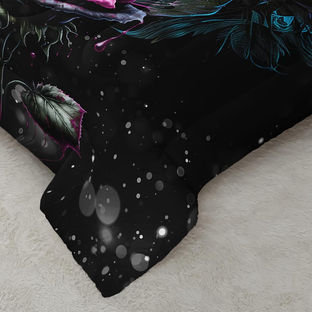 3pcs Skull Bedding Set Queen Size, Goth Bedding Sets Queen Skull Comforter Set, Rose Comforter Halloween Skull Cover