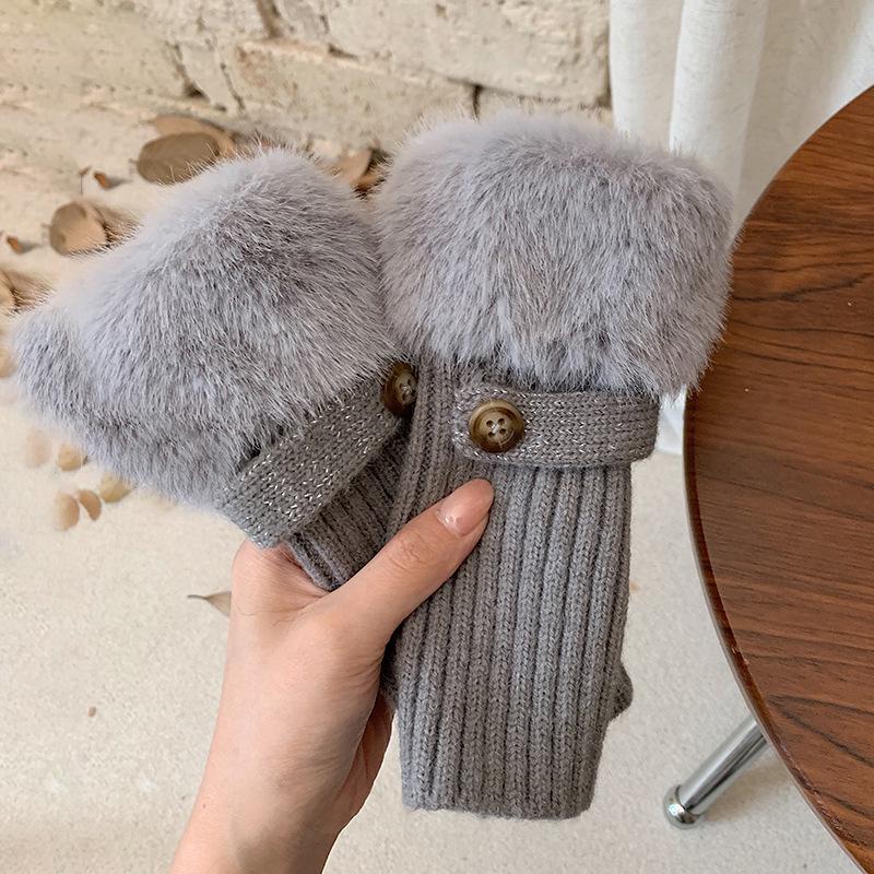 Women's Fluffy Winter Knit Gloves – Touchscreen, Half-Finger, Warm for Cycling