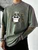 Yes Cartoon Cat Print Washed Tee Shirt Men Breathable Cotton TShirt Sport Summer Running Tops Oversized Hip Hop Streetwear