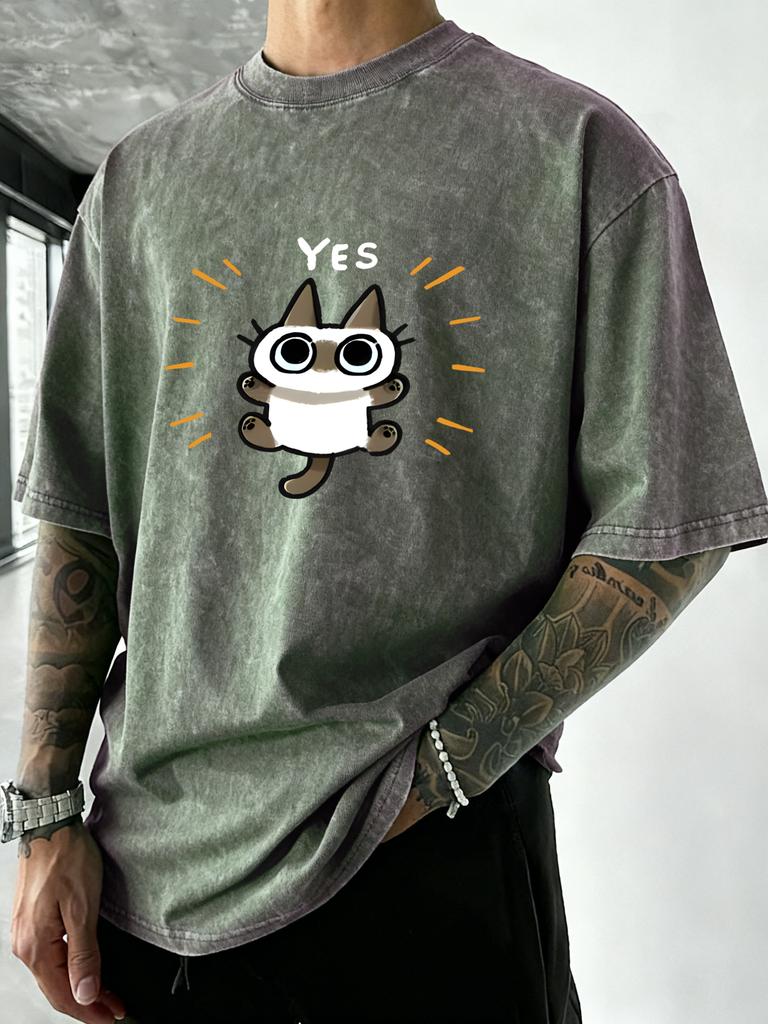Yes Cartoon Cat Print Washed Tee Shirt Men Breathable Cotton TShirt Sport Summer Running Tops Oversized Hip Hop Streetwear