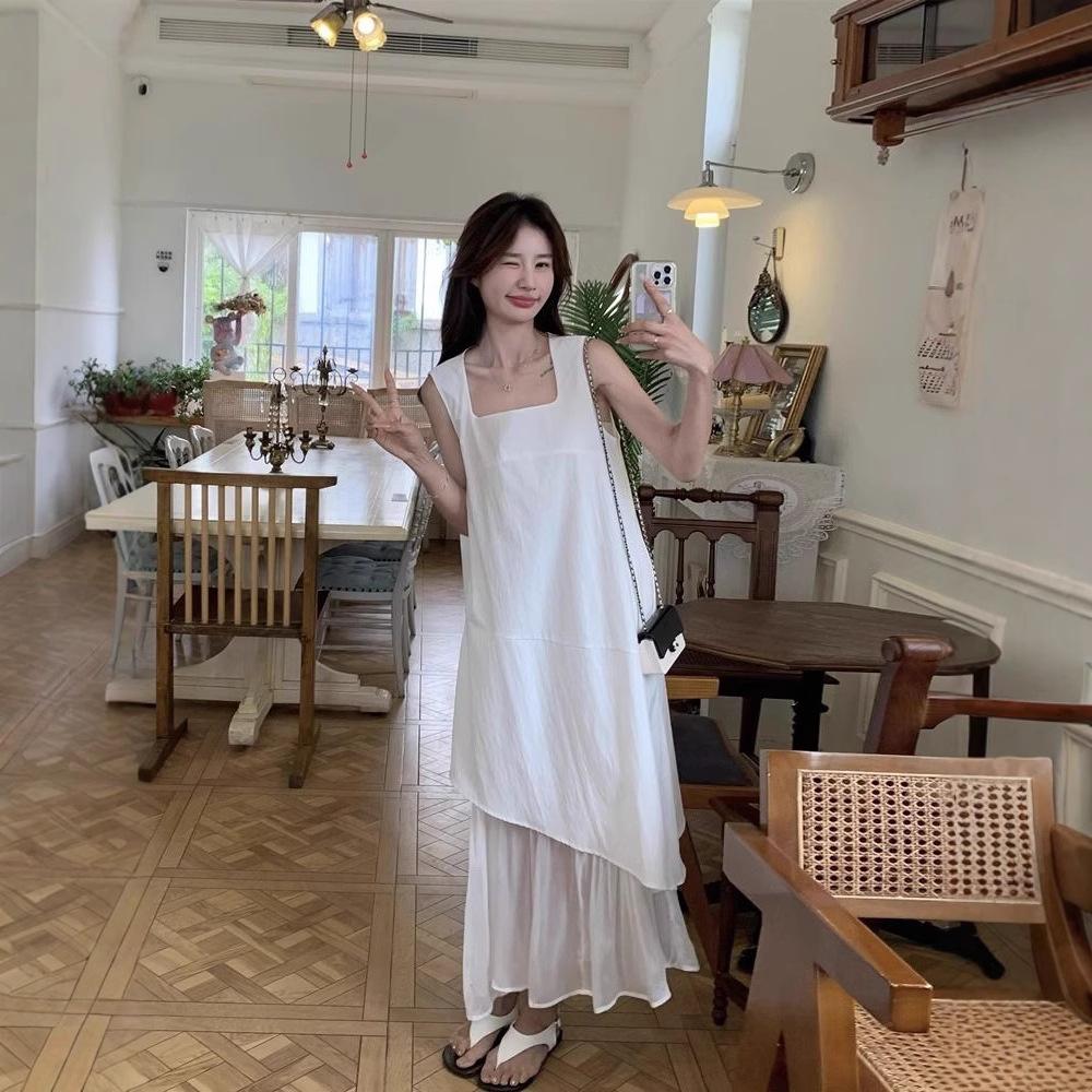 2026 new temperament beautiful vest long dress white irregular hem mesh splicing sleeveless dress women's summer