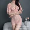 Sexy Perspective Deep V Floral Rose Light Yarn Perspective Hip Skirt Uniform Pure Desire Nightclub Halter Free Dress