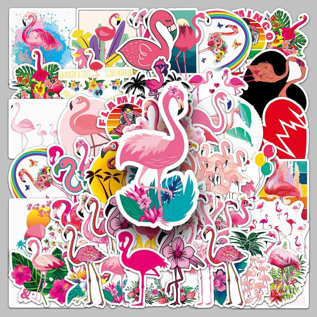 50pcs Flamingo Waterproof Cartoon Stickers for Suitcases, Scooters, Computers, and Tablets