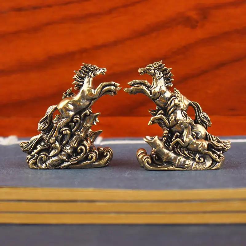 Vintage Solid Brass Galloping Horses Statue Feng Shui Chinese Figurine Retro Desktop Office Decor Collectible Art Ornament