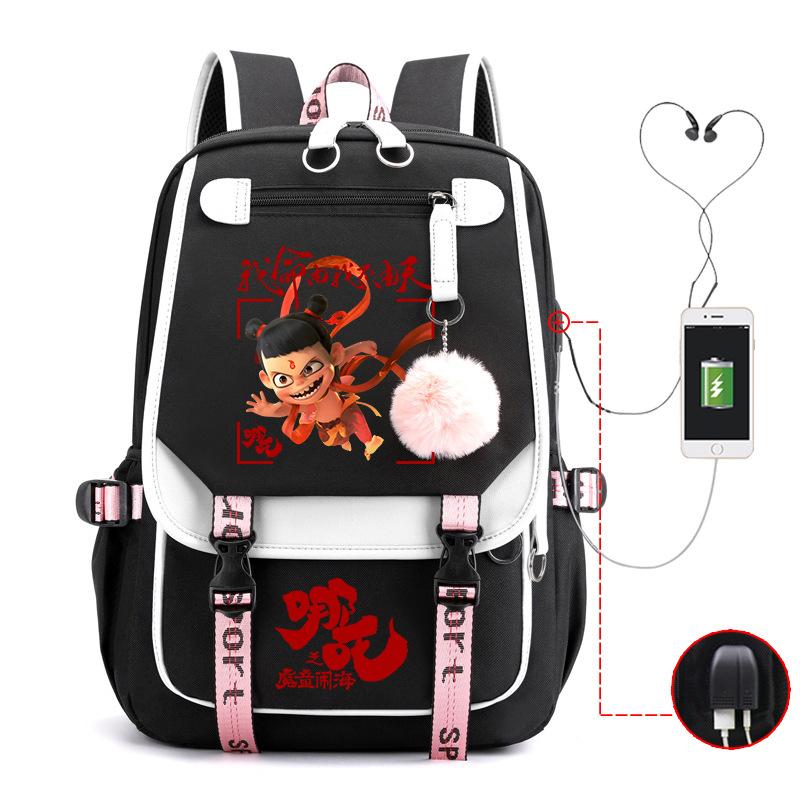 Cartoon Movie Nezha Printing Leisure Burden Reduction Travel Bag Backpack Multi-Function Large Capacity Usb Student Schoolbag