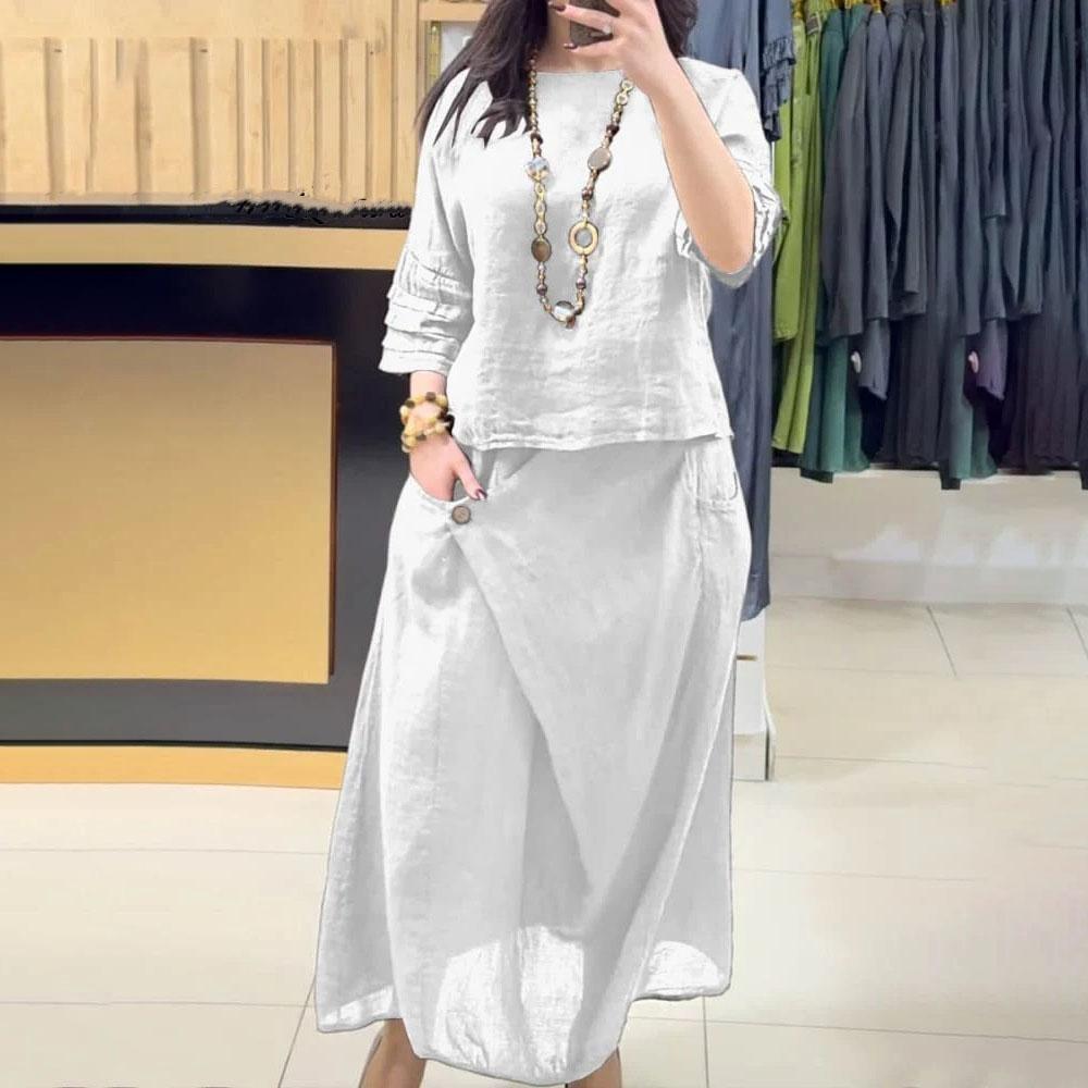 Women's Round Neck Solid Color Casual Cotton Linen 3/4 Sleeve Top and Pants Set
