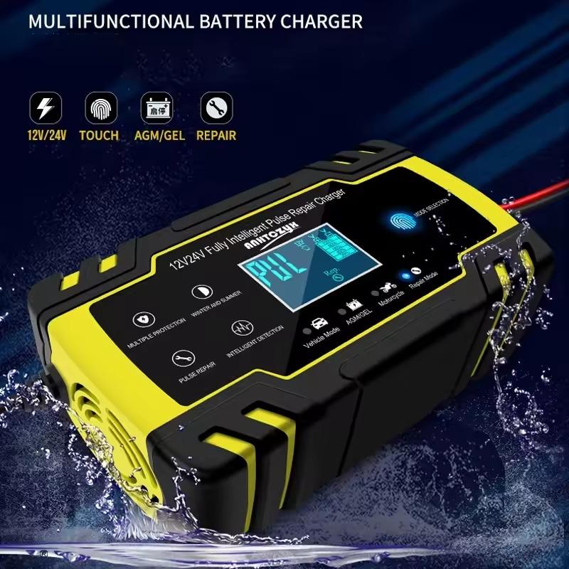 Car Battery Charger 12V 24V Pulse Repair LCD Display Smart Fast Charge AGM Deep Cycle GEL Lead-Acid Charger For Auto Motorcycle