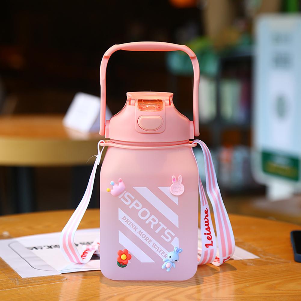 Large-capacity Water Bottle Square Plastic Cup Sugar Jar Summer Straw Water Cup With Shoulder Strap (without 3d Stickers) pink #1