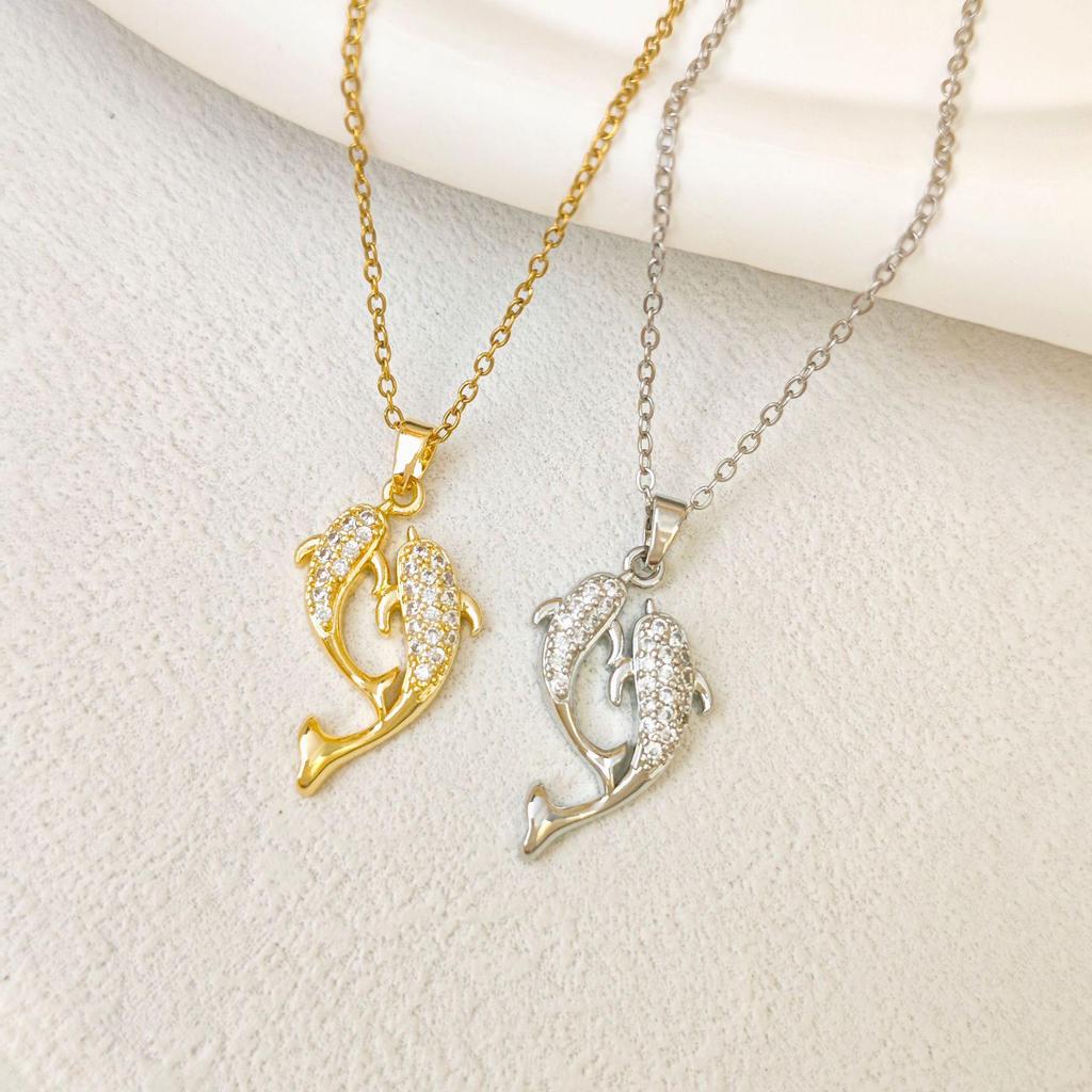 Korean Style Luxury Diamond Dolphin Necklace Women's Elegant Design Non-Fading Clavicle Chain