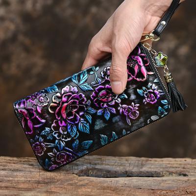 Vintage Design Flowers Embossing Handbags for Women Genuine Leather Long Wallets Fashion Ladies Zipper Purse Card Holder