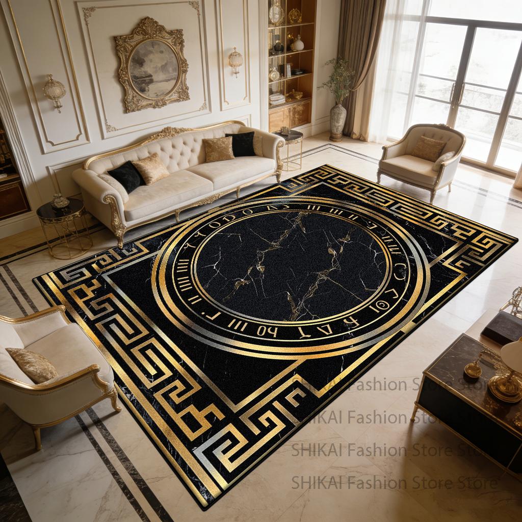 Black Marble Golden Light Luxury Soft Living Room Rug Decoration Courtyard Antiskid Fluffy Carpet Easy Clean Foldable Floor Mats