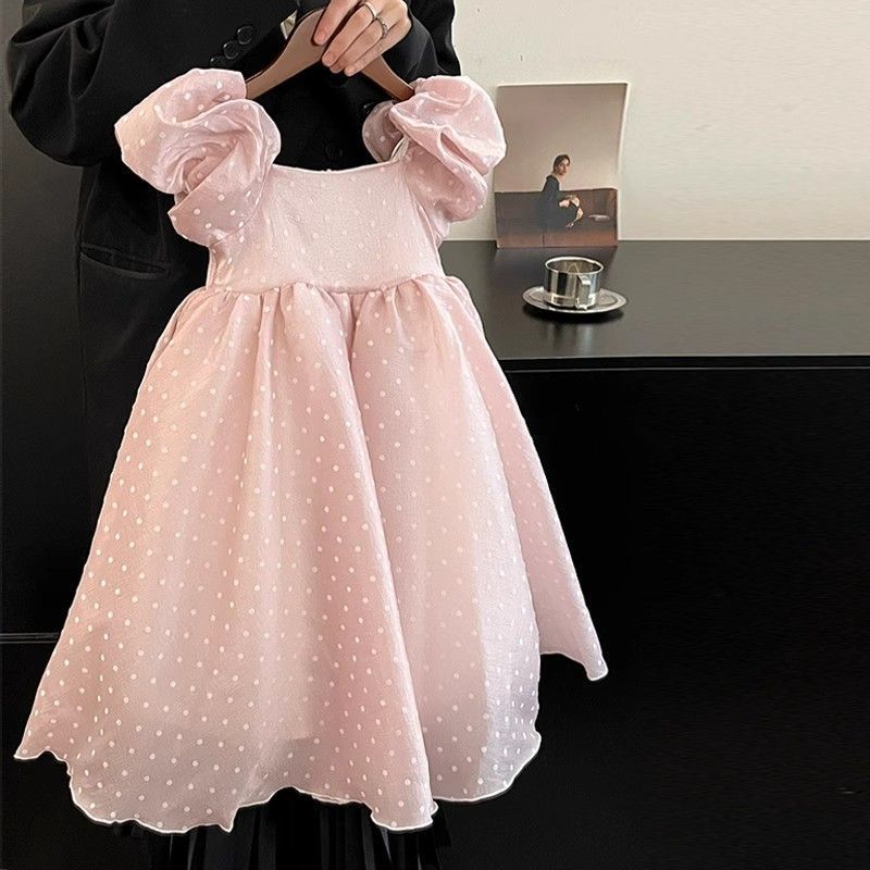 French Summer Pink Polka Dot Puff Sleeve Girls Princess Dress Children Party Gown 90