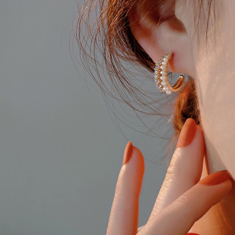 Temperament Double-layer Zirconia Pearl Earrings Tide Senior Sense of Light Luxury Versatile Sweet Earrings Fashionable and Versatile Female