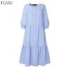 ZANZEA Women Casual Round Neck Half Sleeve Loose Stripe Dress