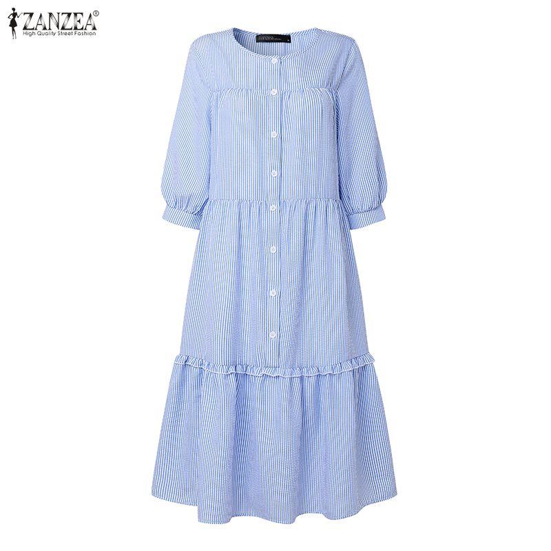 ZANZEA Women Casual Round Neck Half Sleeve Loose Stripe Dress