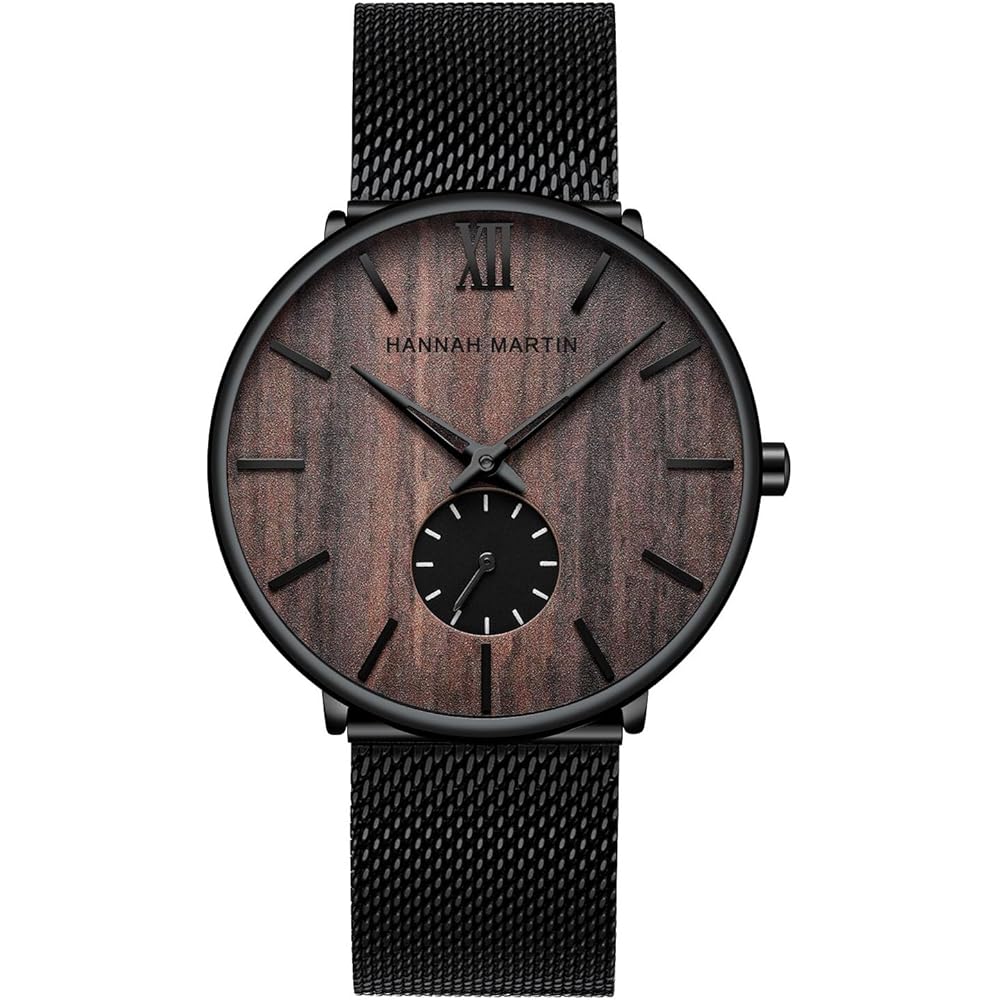 Hannah Martin Men s Ultra-Thin Black Watch Waterproof Fashion Stainless Steel Band Walnut Wood