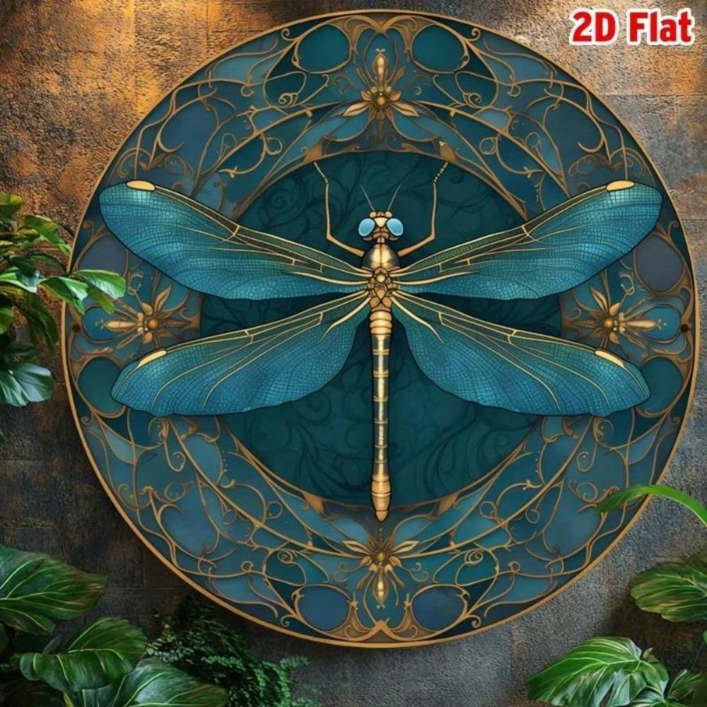 Vintage Dragonfly Metal Wall Art 8x8 Inches Round Aluminum Sign Golden Garden Decor