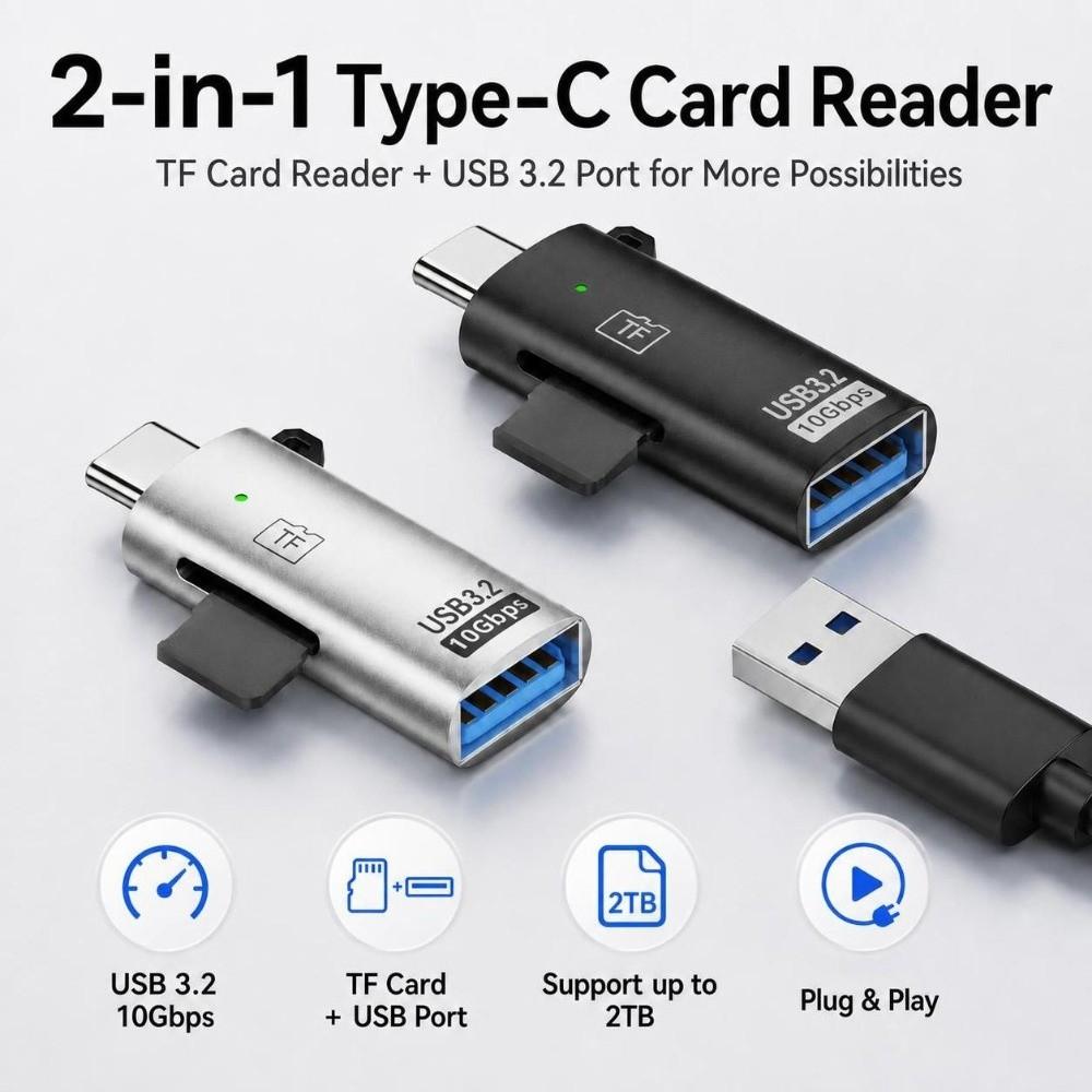 10Gbps Type-C Card Reader USB 3.2 USB Card Reader Practical TF Card Reader Video Viewing