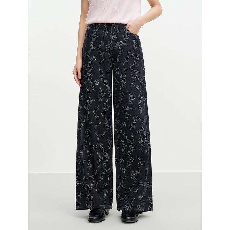 JUZUI Women's Retro Floral Jacquard Straight-Leg Jeans