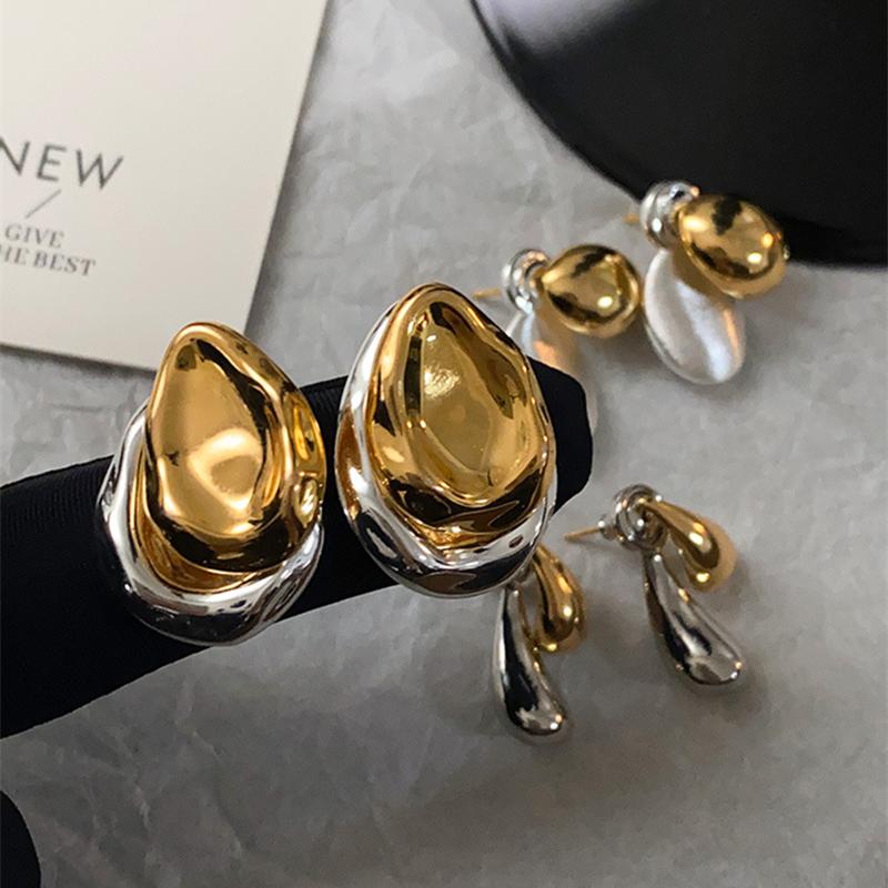 Stainless Steel Vintage Droplet Metal Splice Stud Earrings for Women Two Wear Way Mix Color New Accessory Charm Luxury Jewelry