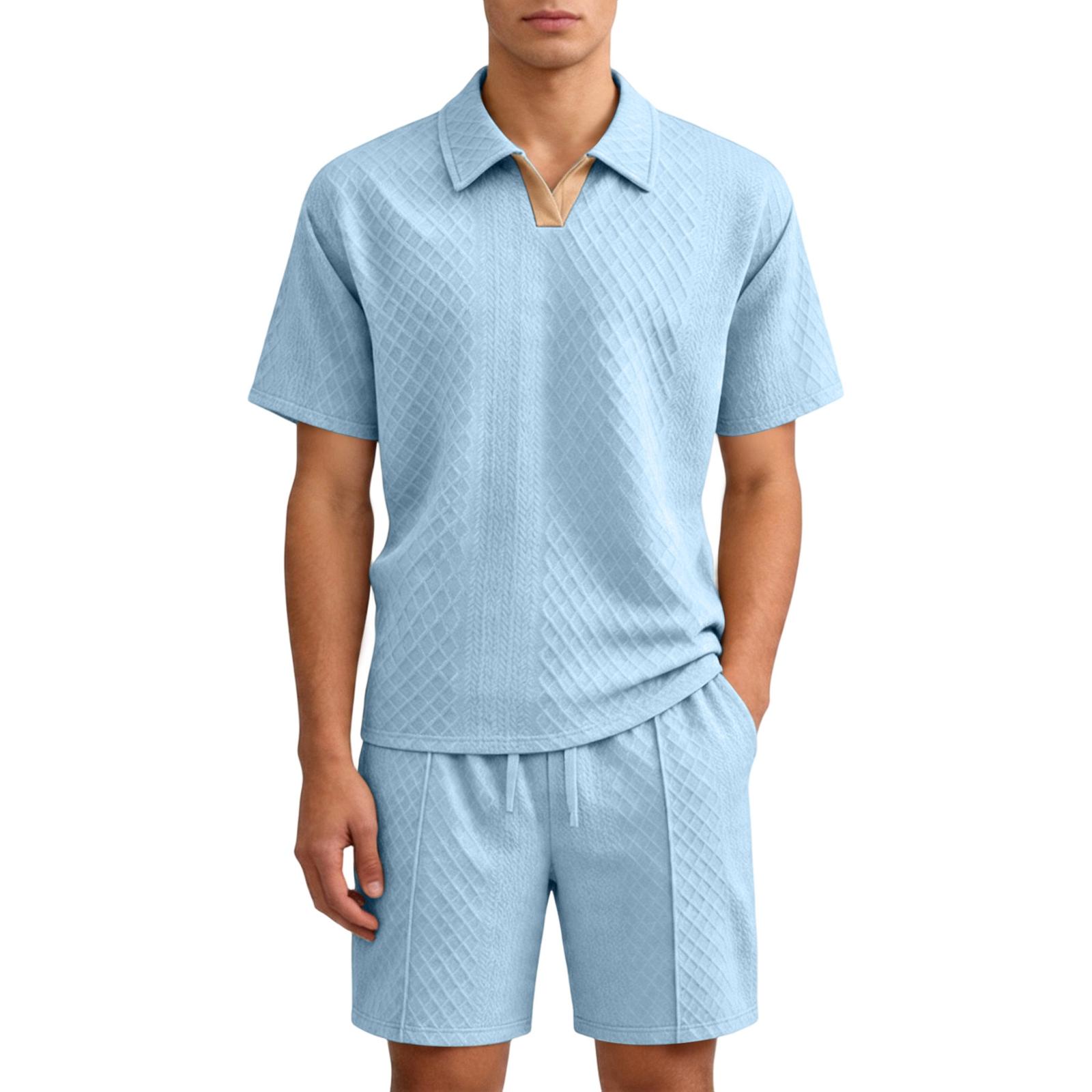 

Men’s Short Sleeve Polo Shirt and Shorts Set with Pattern and Elastic Waistband Design XL