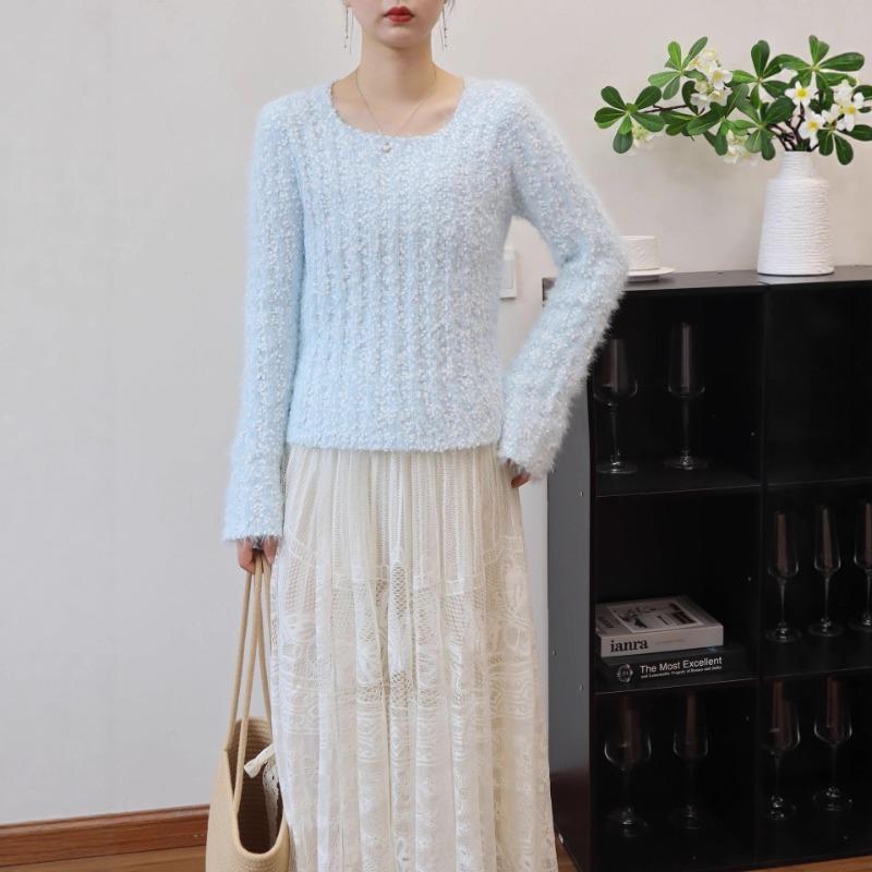 Autumn and winter new plush soft waxy short knitted sweater top sweet gentle wind long sleeve sweater pullover woman