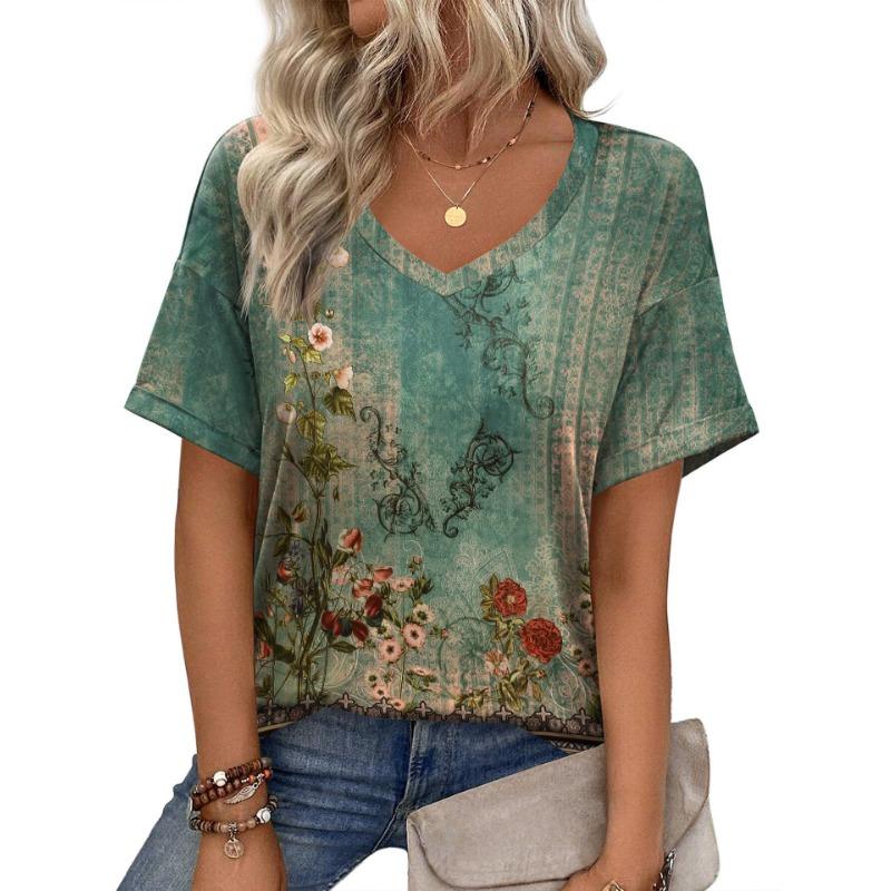 Summer V-neck 3D Flower Pattern Printed Top Fashionable Casual Short Sleeved Women's T-shirts