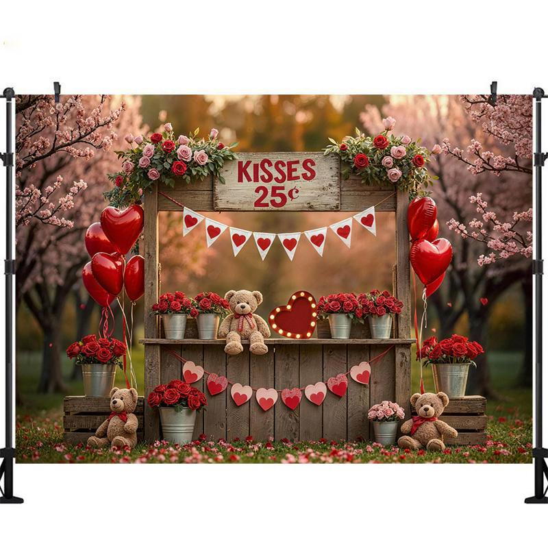 LS Valentine's Day Photography Backdrop Spring Rose Stall Balloon Bear Decor Birthday Baby Shower Kids Portrait Photo Background