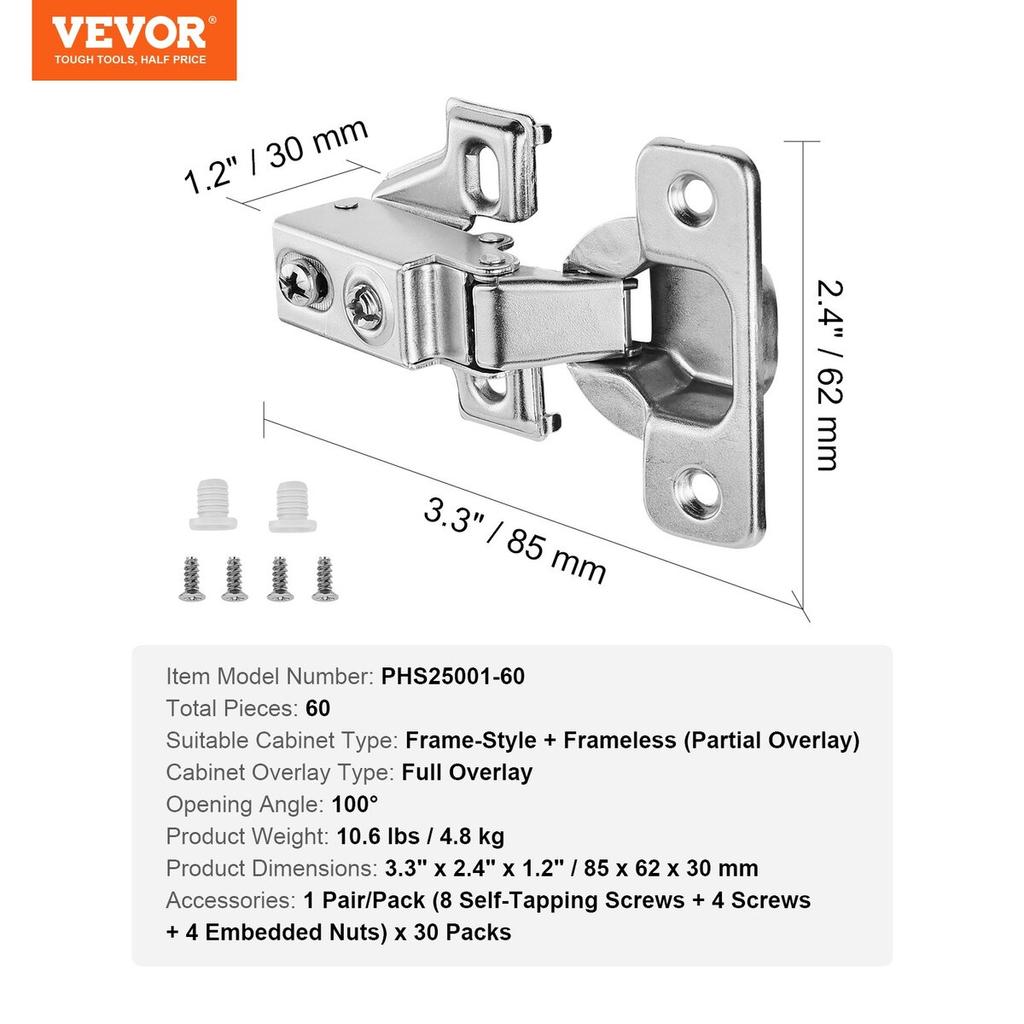 Cabinet Door Hinges 60 Packs Partial Overlay Soft Close for Framed/Frameless