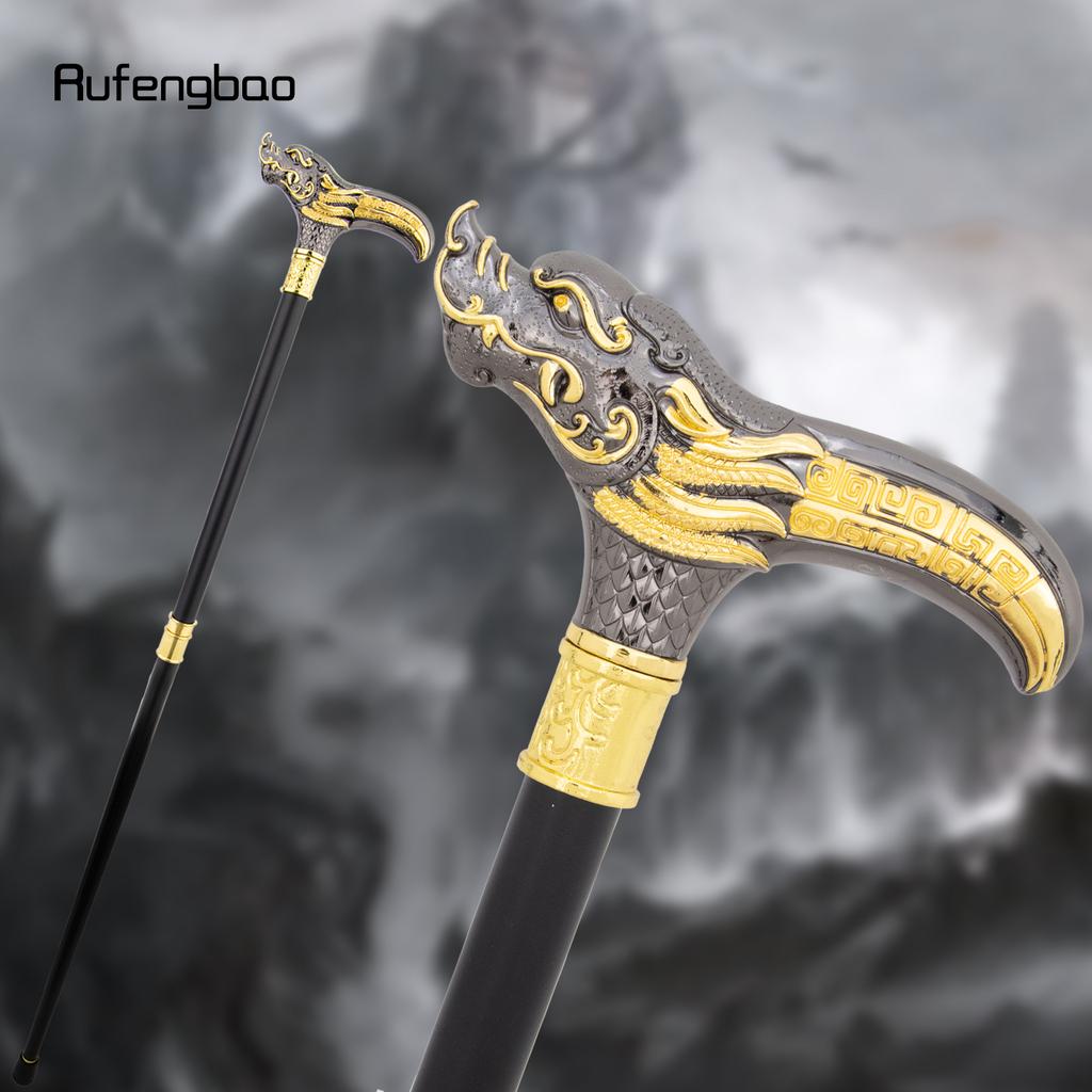 Golden Black Dragon Head Walking Cane Fashion Decorative Steel Stick Gentleman Elegant Cosplay Cane Knob Crosier Cane 93cm