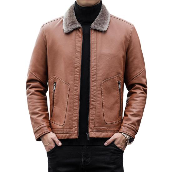 Men Imitation Leather Jacket with Velvet Lining Lapel Long Sleeve Zipper Placket Solid Color Autumn Winter Coat