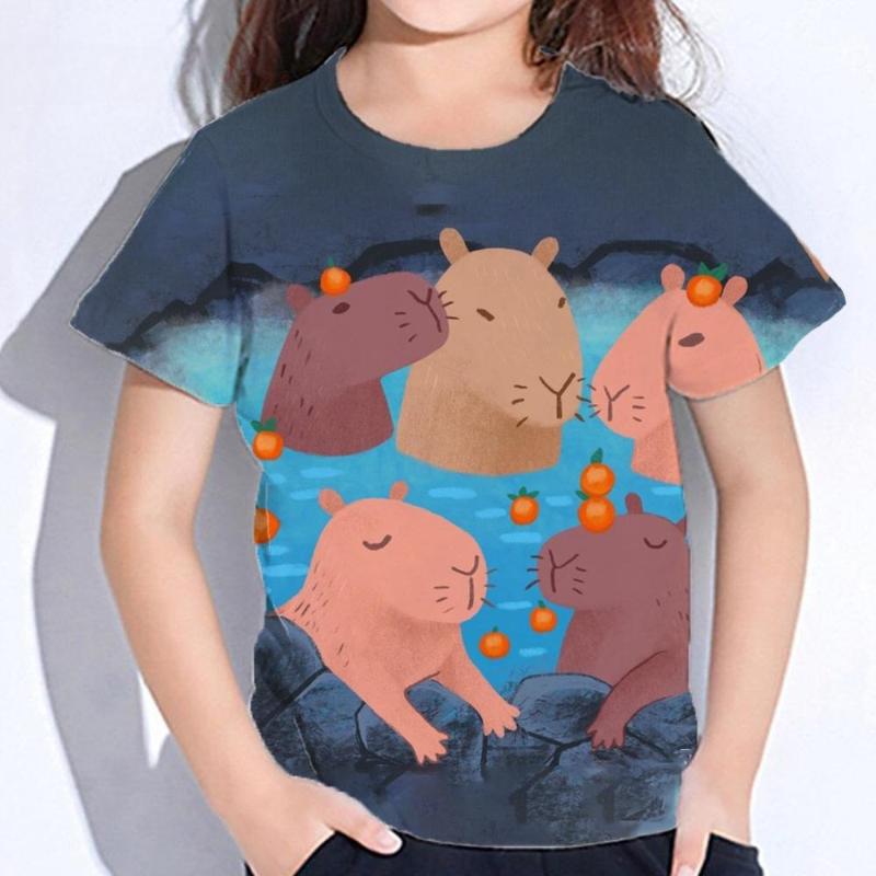 Children's Cartoon Capibala Print Cute Multi-color T-shirts Girls Fashionable Soft Comfortable T-shirt