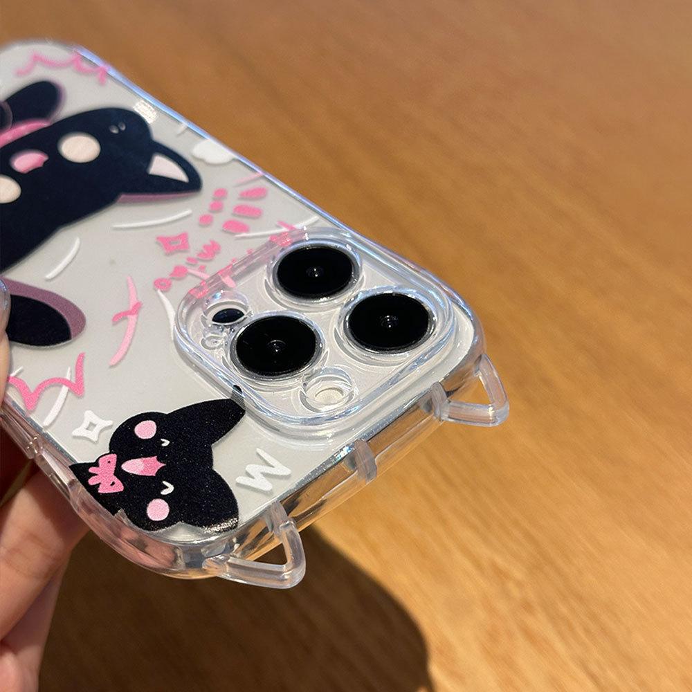 Kawaii Black Cat Phone Case with Hand Chain, Cute Cartoon Protective Cover for iPhone 15 14 13 Pro Max