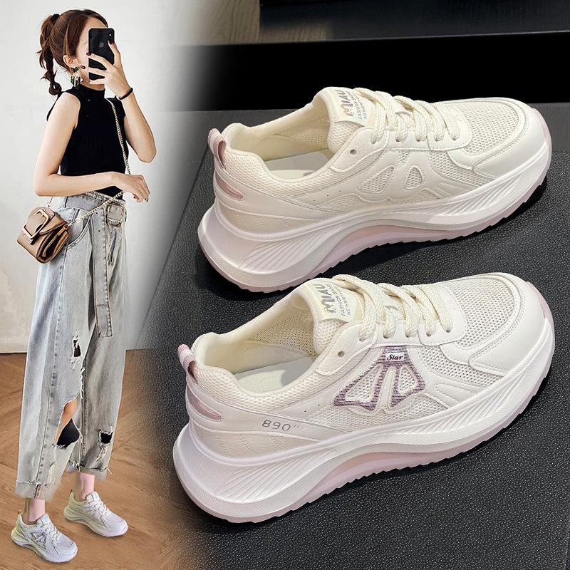 Leather dad shoes women's summer new fried street sports and leisure shoes thick sole heightening single net breathable running shoes