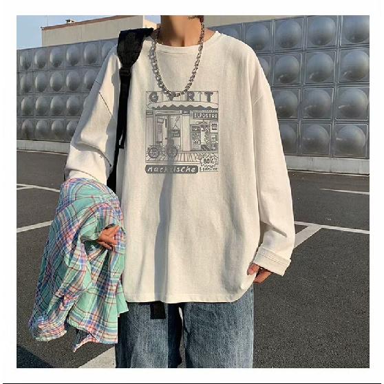 2024 Men's Long-Sleeved T-shirt Autumn Undershirt Long Sleeve Cotton Autumn Hong Kong Style Printing Loose Trendy Top