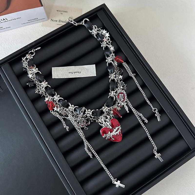 Tooxika New Niche Unique Personality Multi-element Cardinal Heart Cross Tassel Necklace Dark Wind Spicy Girl Collarbone Chain