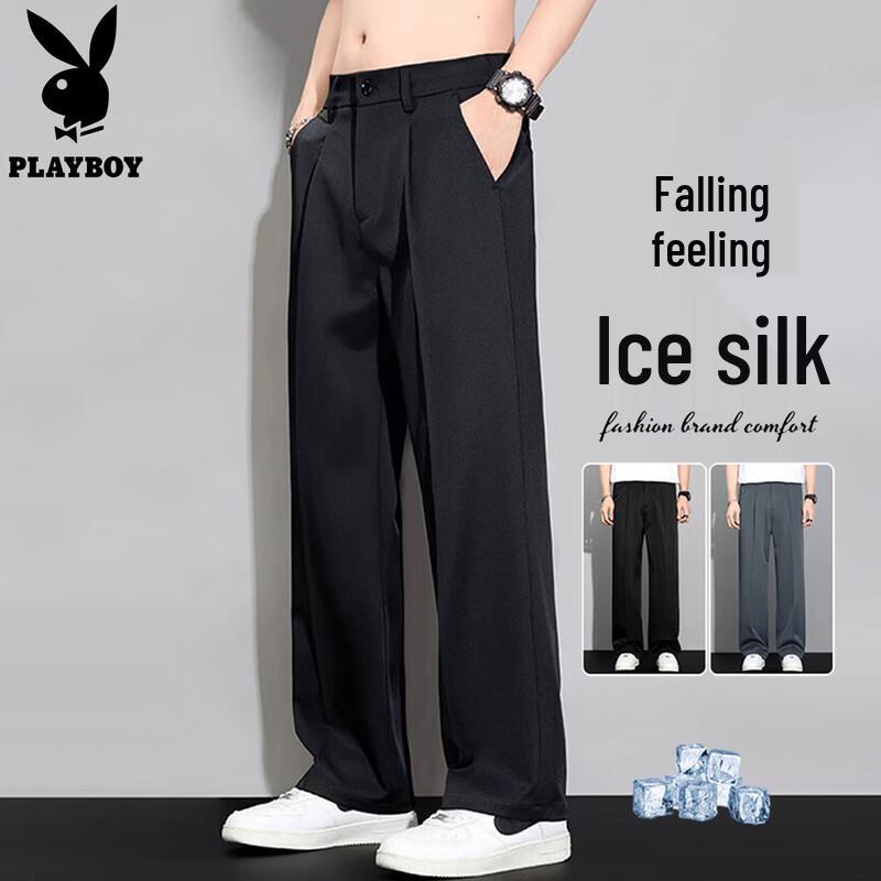 PLAYBOY Men s Ice Silk Straight-Leg Casual Pants L