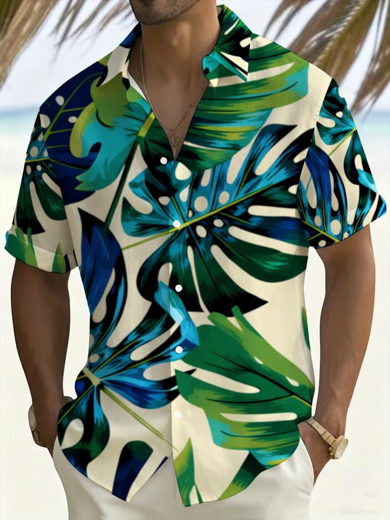 Men's Hawaiian Style Plus Size Short Sleeve Shirt, Tropical Plant Print Casual Shirt, Fashionable Beach Vacation Men's Apparel, PLUS SIZE