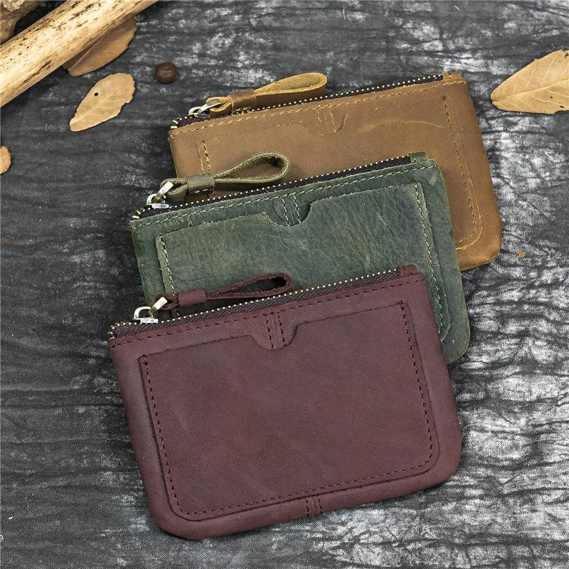 Men'S Crazy Horse Leather Change Bag Simple And Small Card Bag First Layer Cowhide Zipper Small Money Bag Casual Wallet